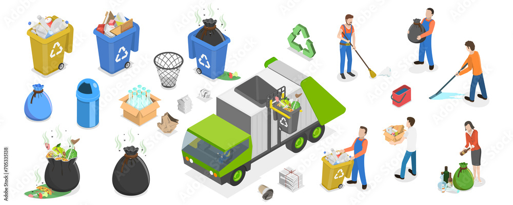 3D Isometric Flat Set of Cleaners Characters, Gargabe and Trash Containters 3D Isometric Flat Set of Cleaners Characters, Gargabe and Trash Containters