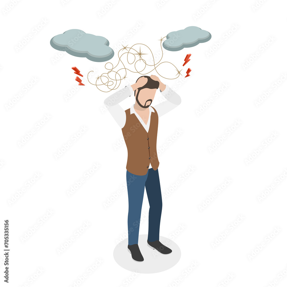 3D Isometric Flat Conceptual Illustration of Nervous Problems, Anxiety, Crisis and Exhaustion 3D Isometric Flat Conceptual Illustration of Nervous Problems, Anxiety, Crisis and Exhaustion
