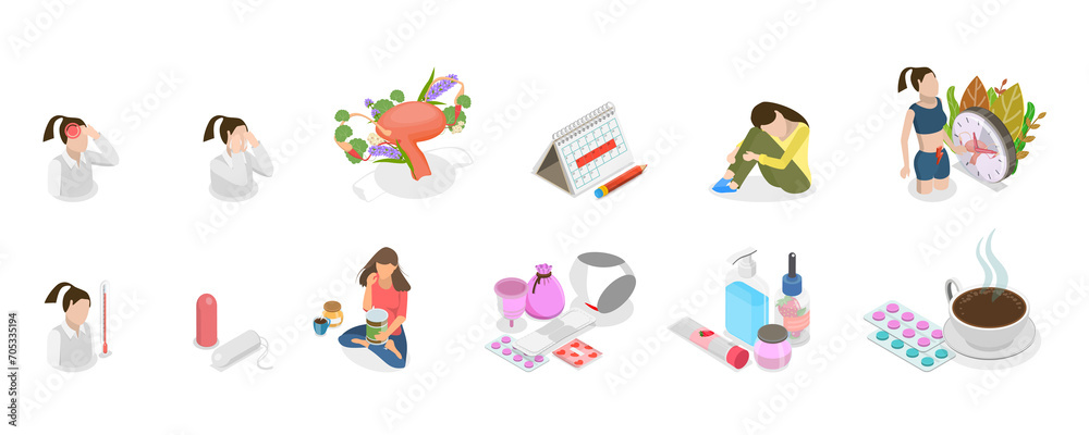 3D Isometric Flat  Conceptual Illustration of Menstruation, Feminine Hygiene Products