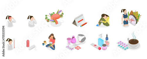 3D Isometric Flat  Conceptual Illustration of Menstruation, Feminine Hygiene Products