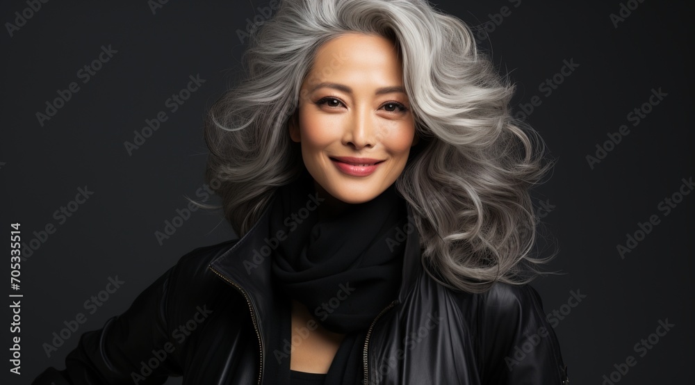 Elegant Asian woman with gray hair wearing black leather jacket Elegant Asian woman with gray hair wearing black leather jacket