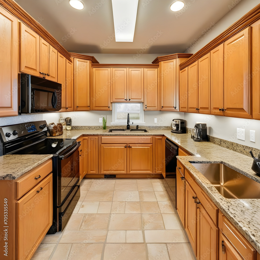 Fototapeta premium Amazing kitchen room with honey colored cabinets.