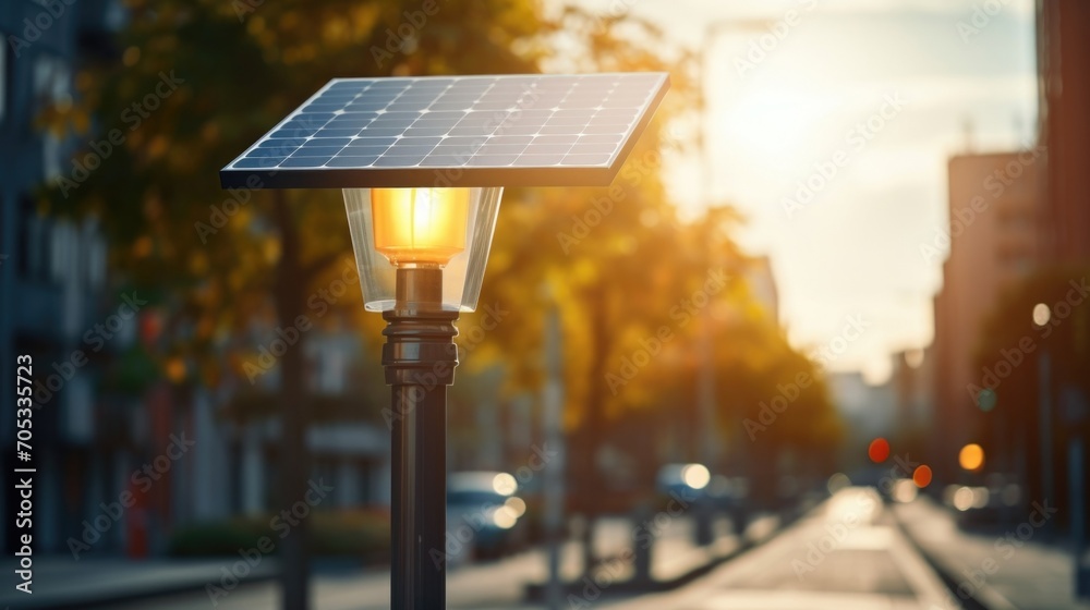 Detailed view of a solar panel streetlight, showcasing the blending of renewable energy with everyday infrastructure in an urban setting. - obrazy, fototapety, plakaty 