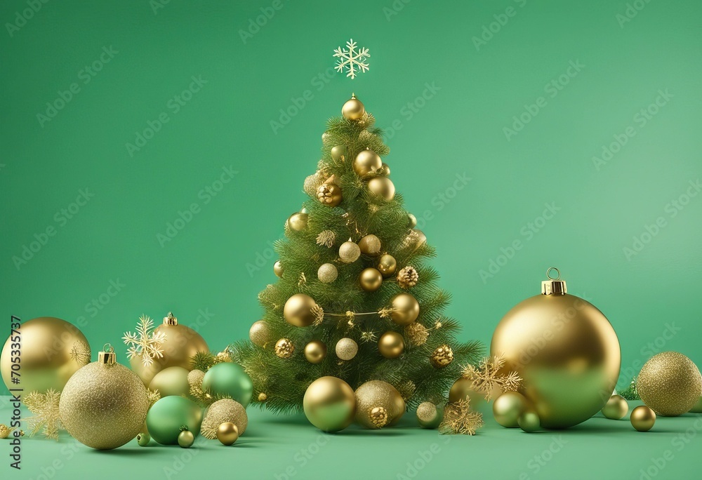 Christmas set decoration and ornament with golden Xmas tree and snowflake on isolated green background Holiday festival and minimalism object concept 3D illustration rendering stock photoChristmas