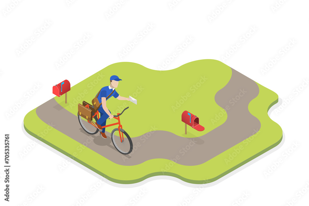 Fototapeta premium 3D Isometric Flat Conceptual Illustration of Mailman, Postman on the Bike