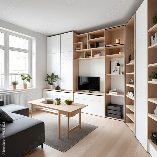 Compact and functional studio apartment with multifunctional furniture and smart storage solutions