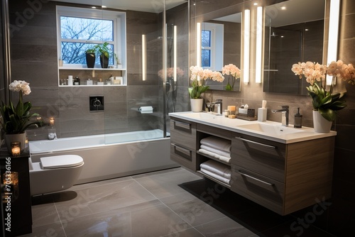 Orchid flowers and candles decorate the bathroom