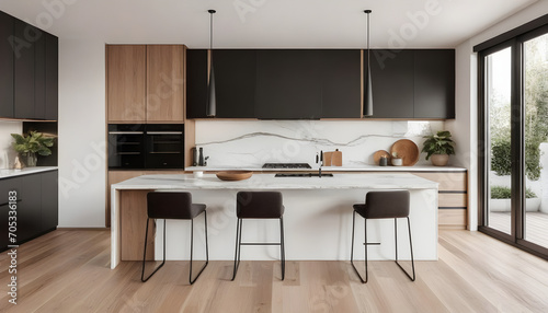 Front of a kitchen with white wooden furniture combined with wood-colored furniture and white marble wall, wooden floors and black appliances