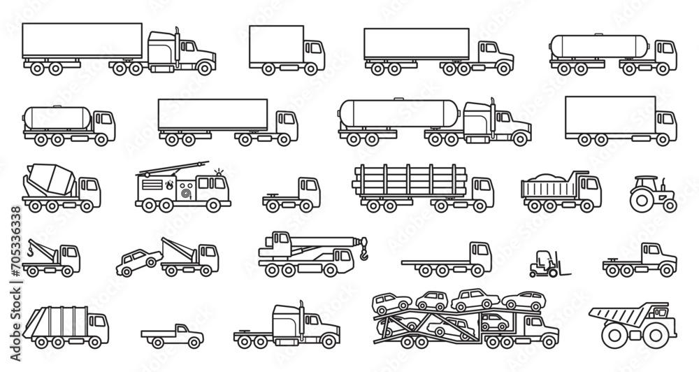 various simple truck outline silhouettes set - obrazy, fototapety, plakaty 