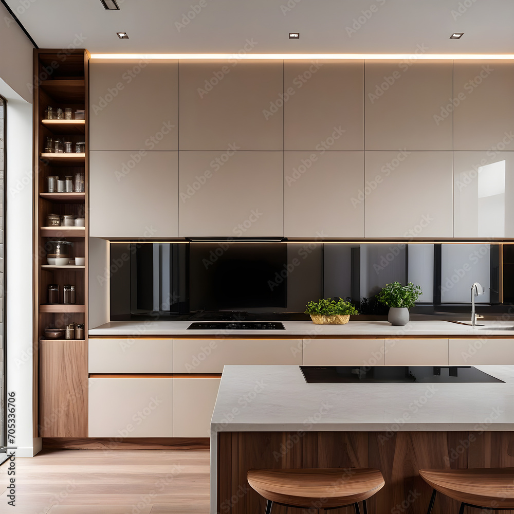Modern minimalist kitchen, close up shot, beige cabinets floor to ceiling, combined with walnut wood open cabinets with led lights, floating ceiling. Natural light. Modern minimalist kitchen, close up shot, beige cabinets floor to ceiling, combined with walnut wood open cabinets with led lights, floating ceiling. Natural light.
