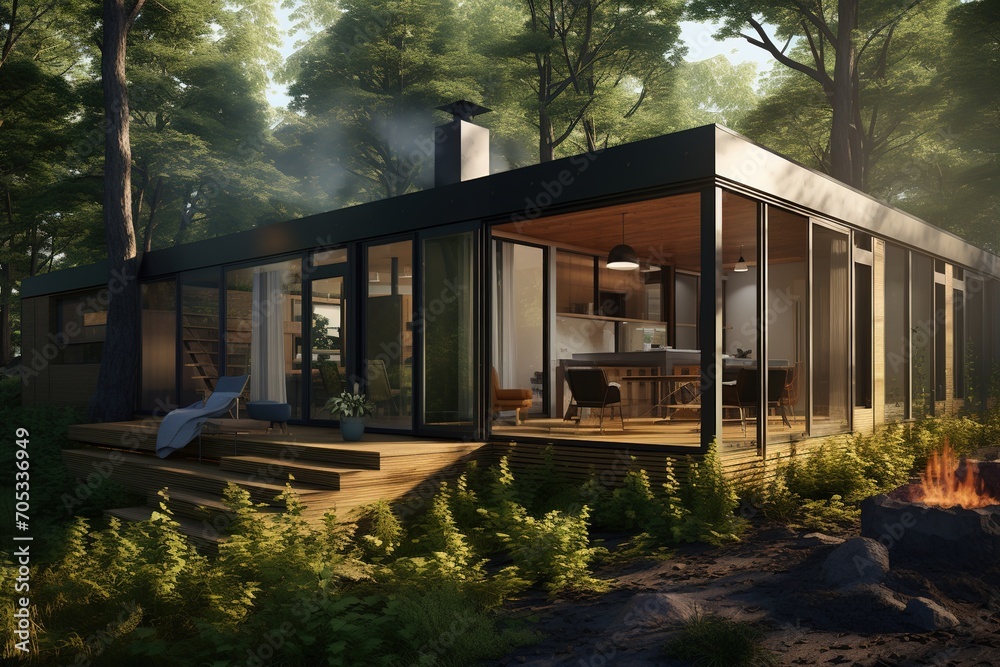 Modern house in the woods with a large glass window