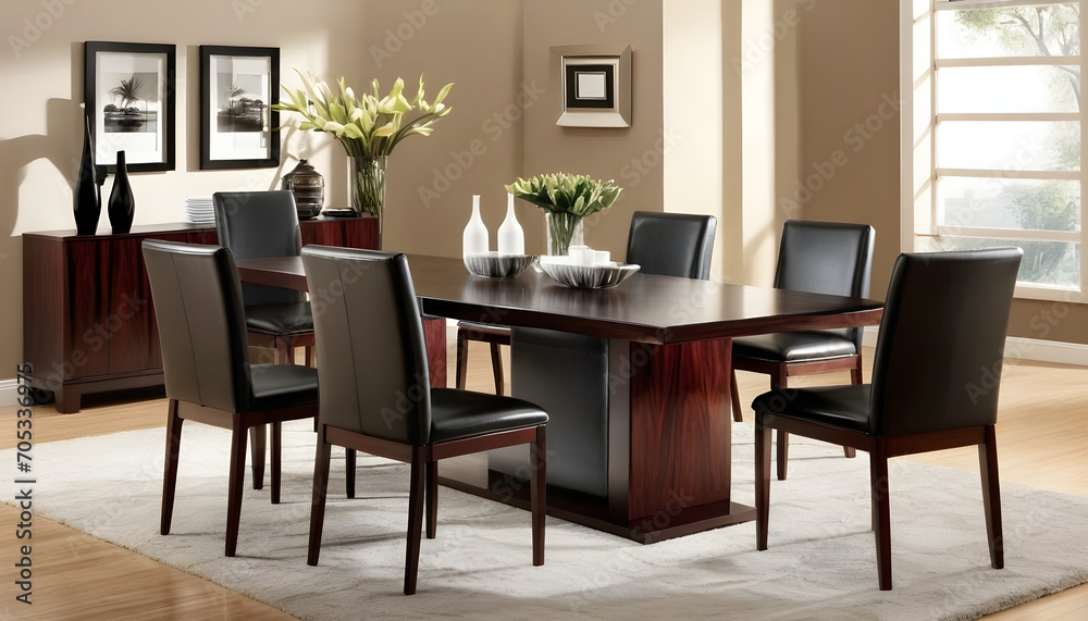 Rosewood table with black leather high back chairs in living room