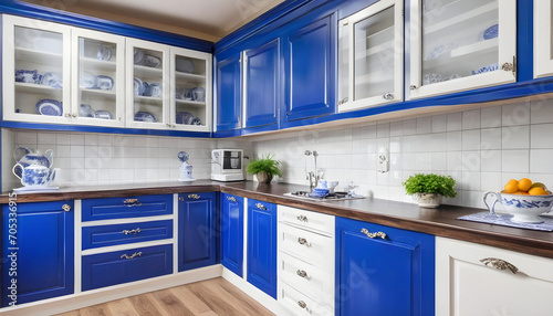 Old fashioned wooden cabinets with white and cobalt blue china in kitchen interior.