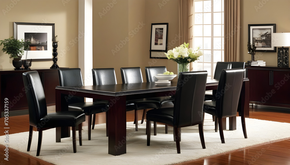 Rosewood table with black leather high back chairs in living room Rosewood table with black leather high back chairs in living room