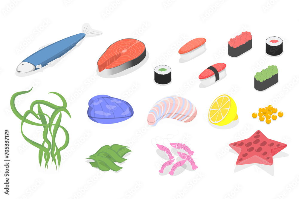 Obraz premium 3D Isometric Flat Set of Seafoods, Delicious Food for Gourmets