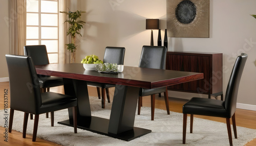 Rosewood table with black leather high back chairs in living room © Antonio Giordano
