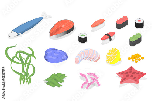 3D Isometric Flat  Set of Seafoods  Delicious Food for Gourmets