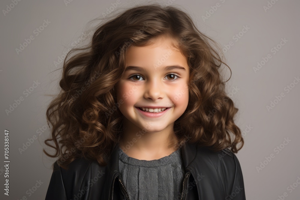 Portrait of a cute little girl with curly hair on a gray background Portrait of a cute little girl with curly hair on a gray background