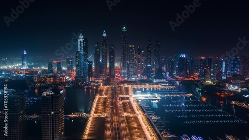 Wallpaper Mural Aerial night hyperlapse push in shot of skyscrapers and traffic in Dubai Marina UAE, city lights Torontodigital.ca