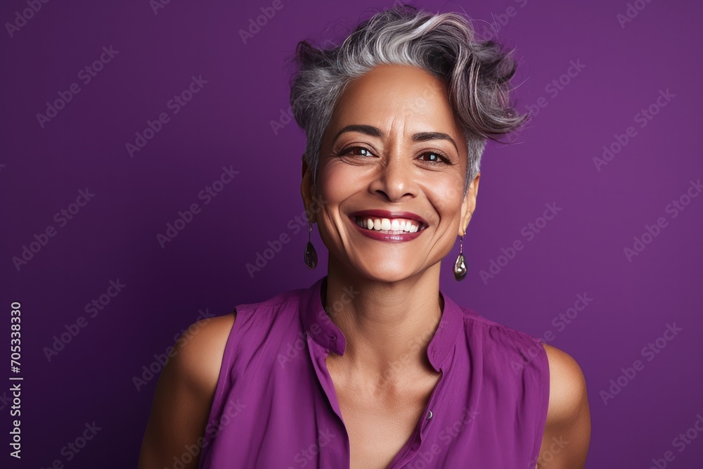 Middle Aged Happy Hispanic Woman on a Purple Background with Space for Copy Middle Aged Happy Hispanic Woman on a Purple Background with Space for Copy