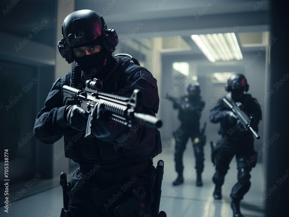 Special forces soldiers in black uniforms and masks holding guns Stock ...