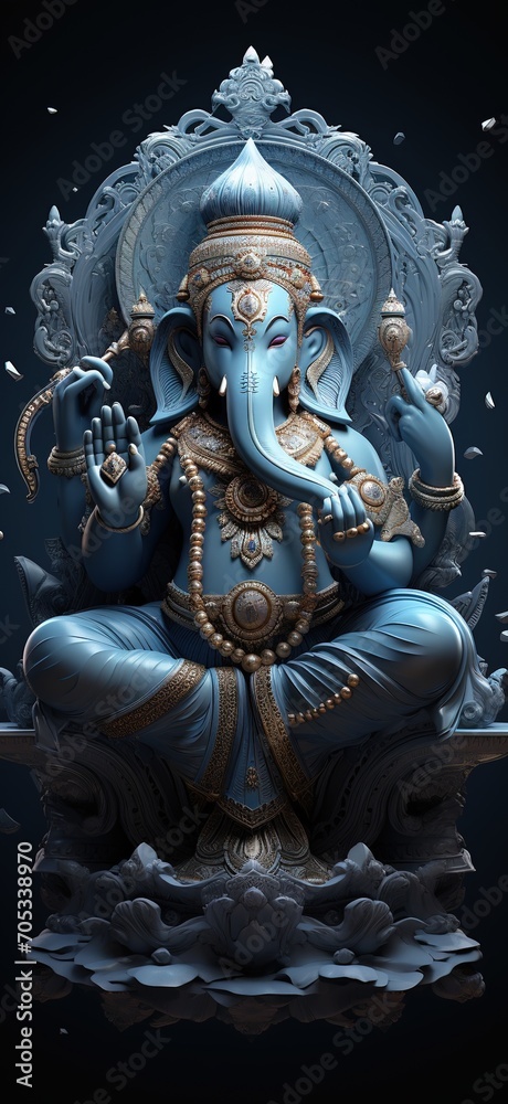 Blue elephant god statue with crown and jewelry