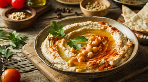 A bowl of creamy hummus garnished with chickpeas, olive oil, parsley, and a sprinkle of paprika, served with pita bread on a rustic wooden table