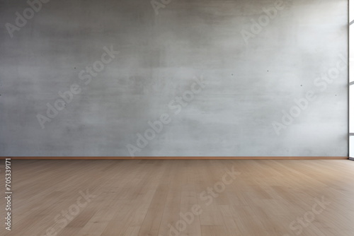 Bright empty room with wooden floor and concrete wall