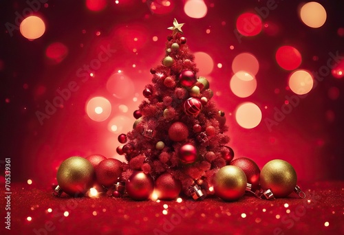 Abstract Christmas Tree With Baubles And Bokeh Lights On Red Glitter Background stock photoChristmas Backgrounds Christmas Tree Red