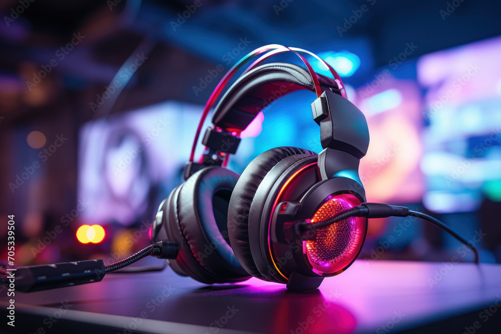 A close-up of a gamer's headset, symbolizing the importance of audio in creating an immersive gaming experience. Generative Ai. - obrazy, fototapety, plakaty 