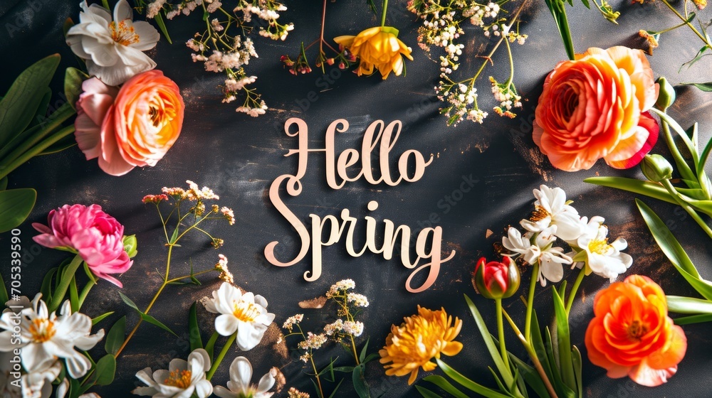 Floral composition featuring "Hello Spring" calligraphy surrounded by a colorful array of spring blossoms on a dark background - obrazy, fototapety, plakaty 