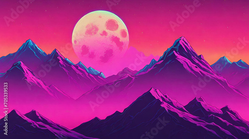 Abstract virtual reality violet background cyber space landscape with mountains, Aesthetic mountain synthwave retrowave wallpaper with a cool and vibrant neon design