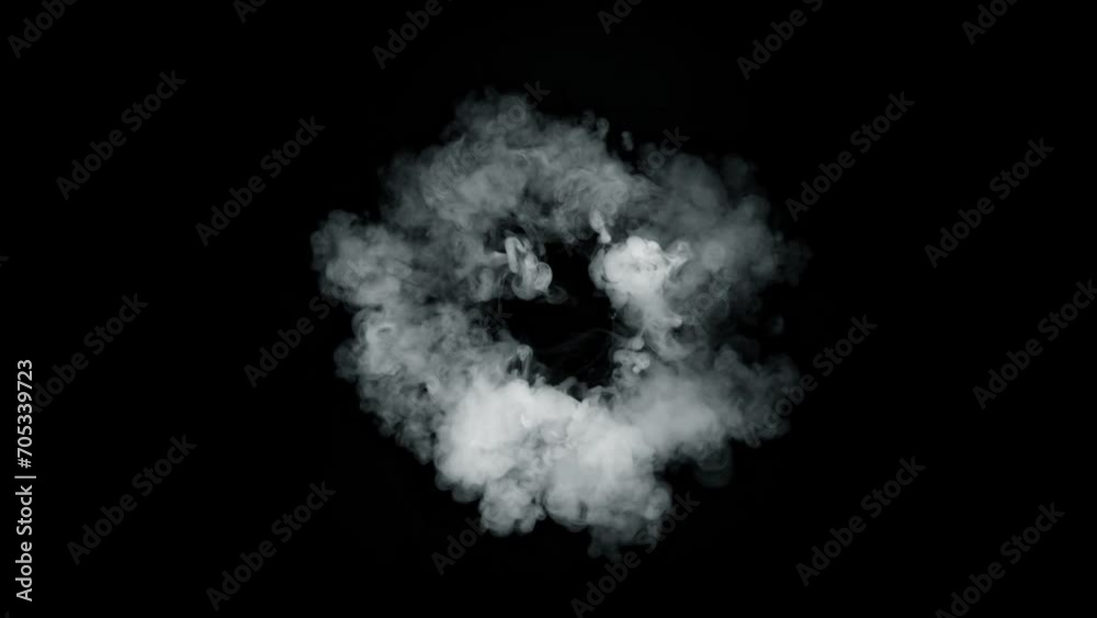 Super Slow Motion Shot of Round Smoke Explosion Towards Camera Isolated on Black at 1000fps. Super Slow Motion Shot of Round Smoke Explosion Towards Camera Isolated on Black at 1000fps.