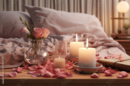 A cozy bedroom scene with rose petals scattered on the bed, creating a romantic setting for a couple's intimate evening. Generative Ai.