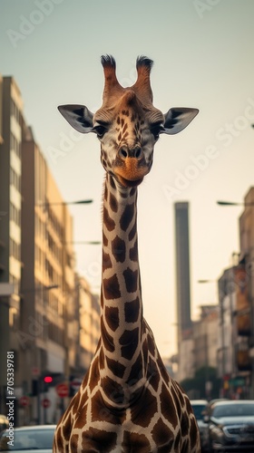 A giraffe standing in the middle of a city street. Generative AI. © Natalia