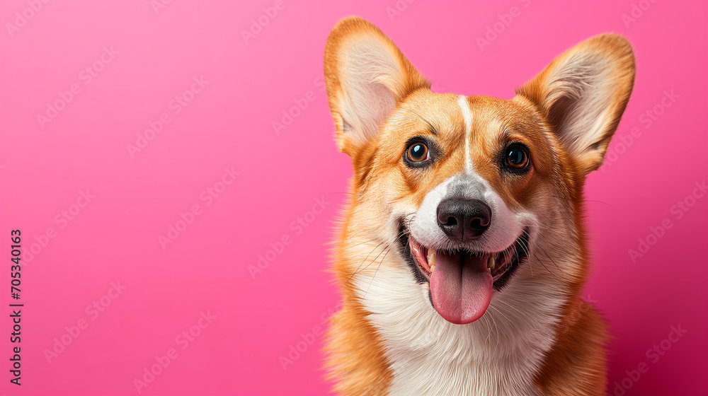 Happy corgi dog on vivid pink background with empty space for text Happy corgi dog on vivid pink background with empty space for text