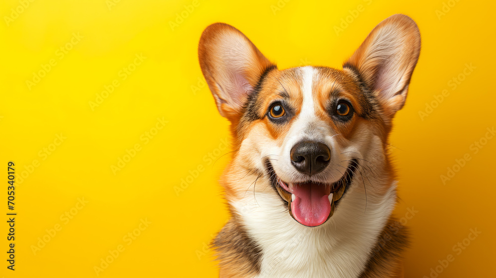 Happy corgi dog on vivid yellow background with empty space for text 