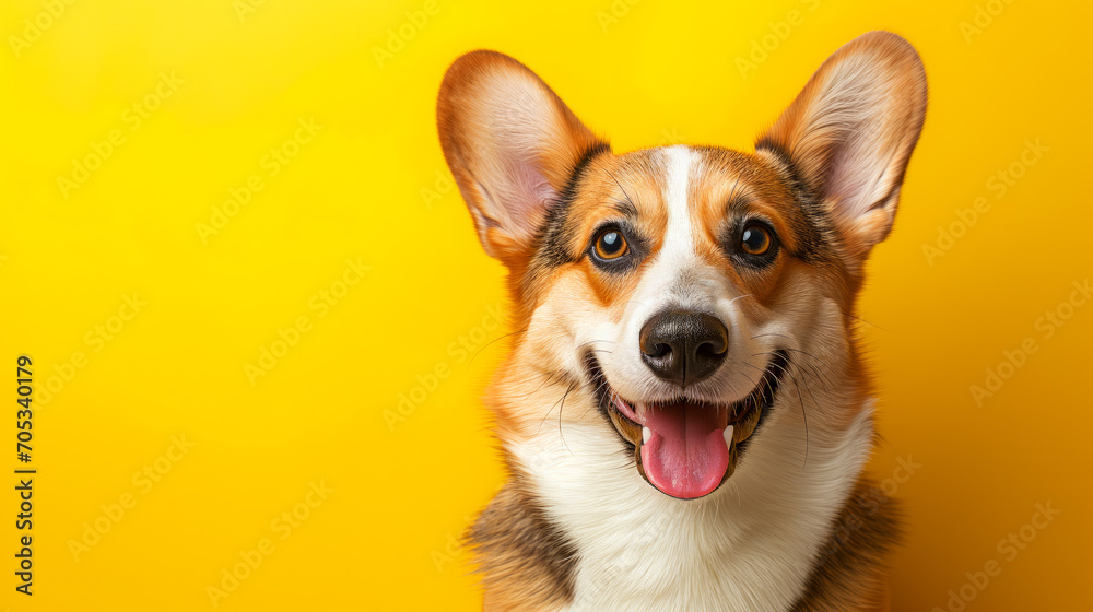 Happy corgi dog on vivid yellow background with empty space for text Happy corgi dog on vivid yellow background with empty space for text