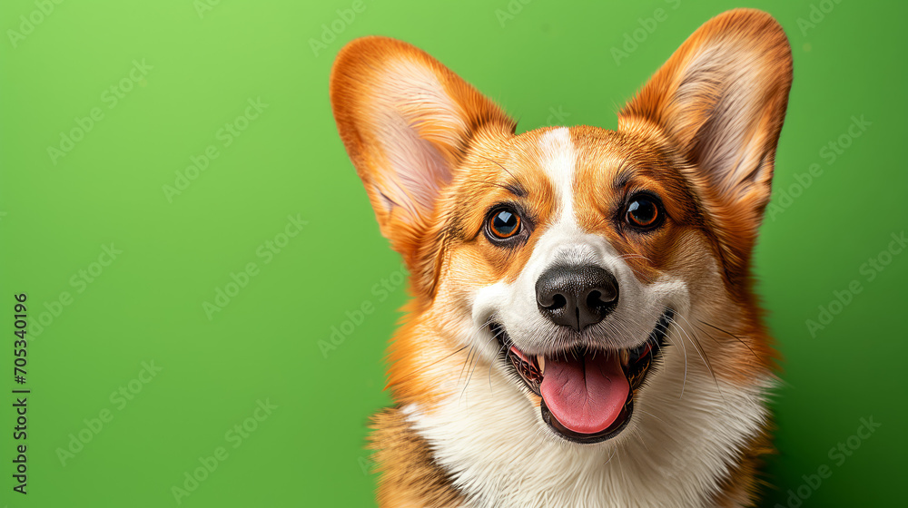 Happy corgi dog on vivid green background with empty space for text Happy corgi dog on vivid green background with empty space for text