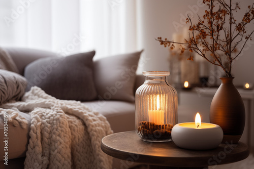 Close up Grey couch with fireplace in background warm beige knit throw blanket and candles, warm inviting atmosphere