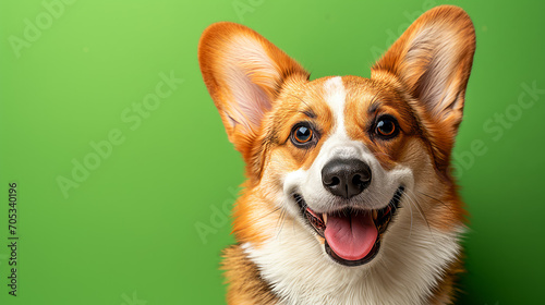 Happy corgi dog on vivid green background with empty space for text  photo