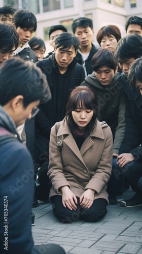 A woman is praying while a group of people are watching her