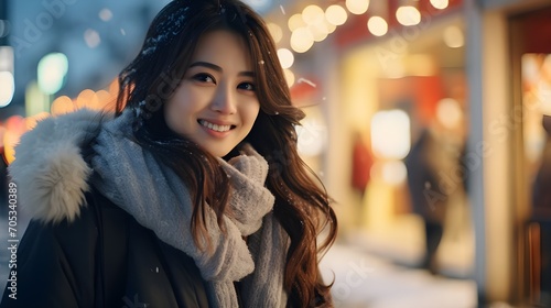 Young asian girl on street with snow, beautiful attractive cute japanese woman wearing jacket in winter season.