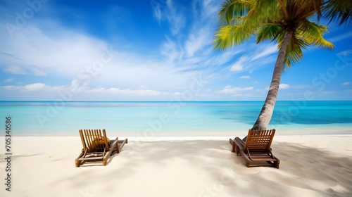 Tropical Beach - Chairs And Palm Trees On Coral Sand With Blue Ocean - Summer Vacation