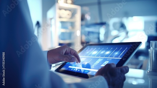 Macro shot of a doctors finger swiping through different patient data categories on a digital tablet.