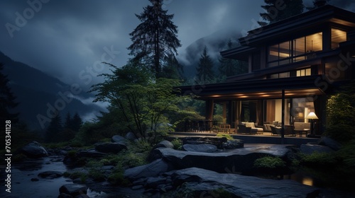 Modern house in the mountains with river and trees