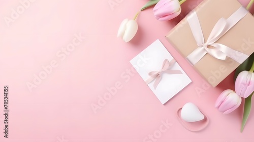 Mother s Day celebration concept. Top view photo of gift boxes with ribbon bows pink and white tulips envelope with letter and small hearts on isolated pastel pink background with copyspace © peregrine