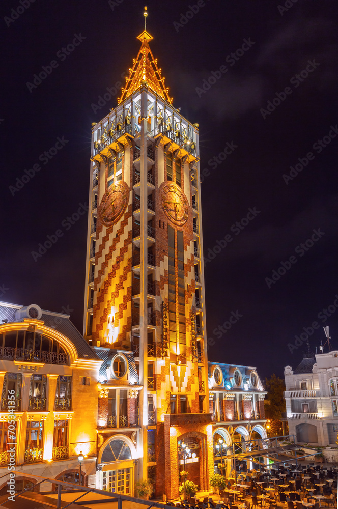 Piazza square and clock tower in Batumi at night.