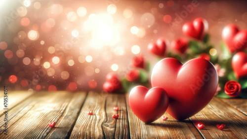 Two glossy red hearts on wooden surface with bokeh background. Generative ai.
