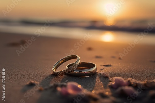 Two golden wedding rings on the sand at the seashore, blurred sunset background